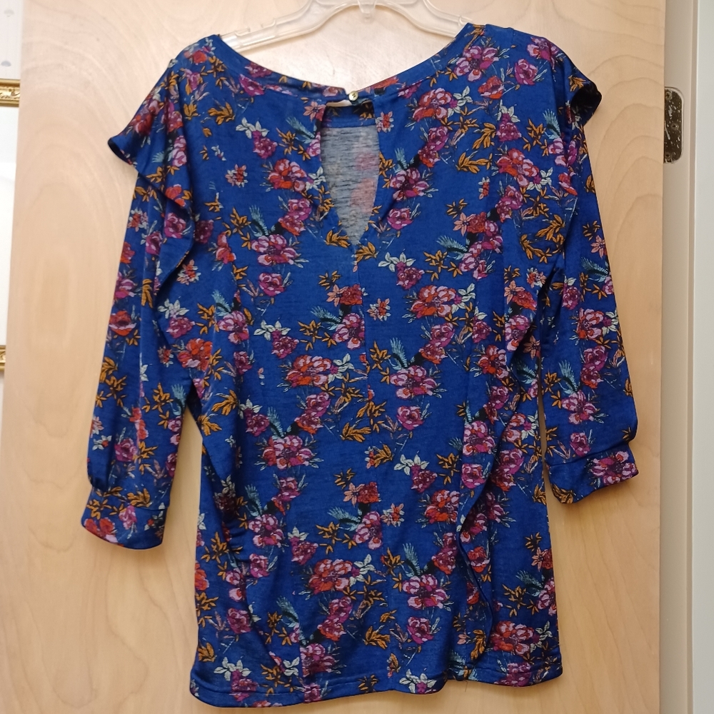 Free People blue floral ruffle boho Dock Street top Sz M - Picture 8 of 14
